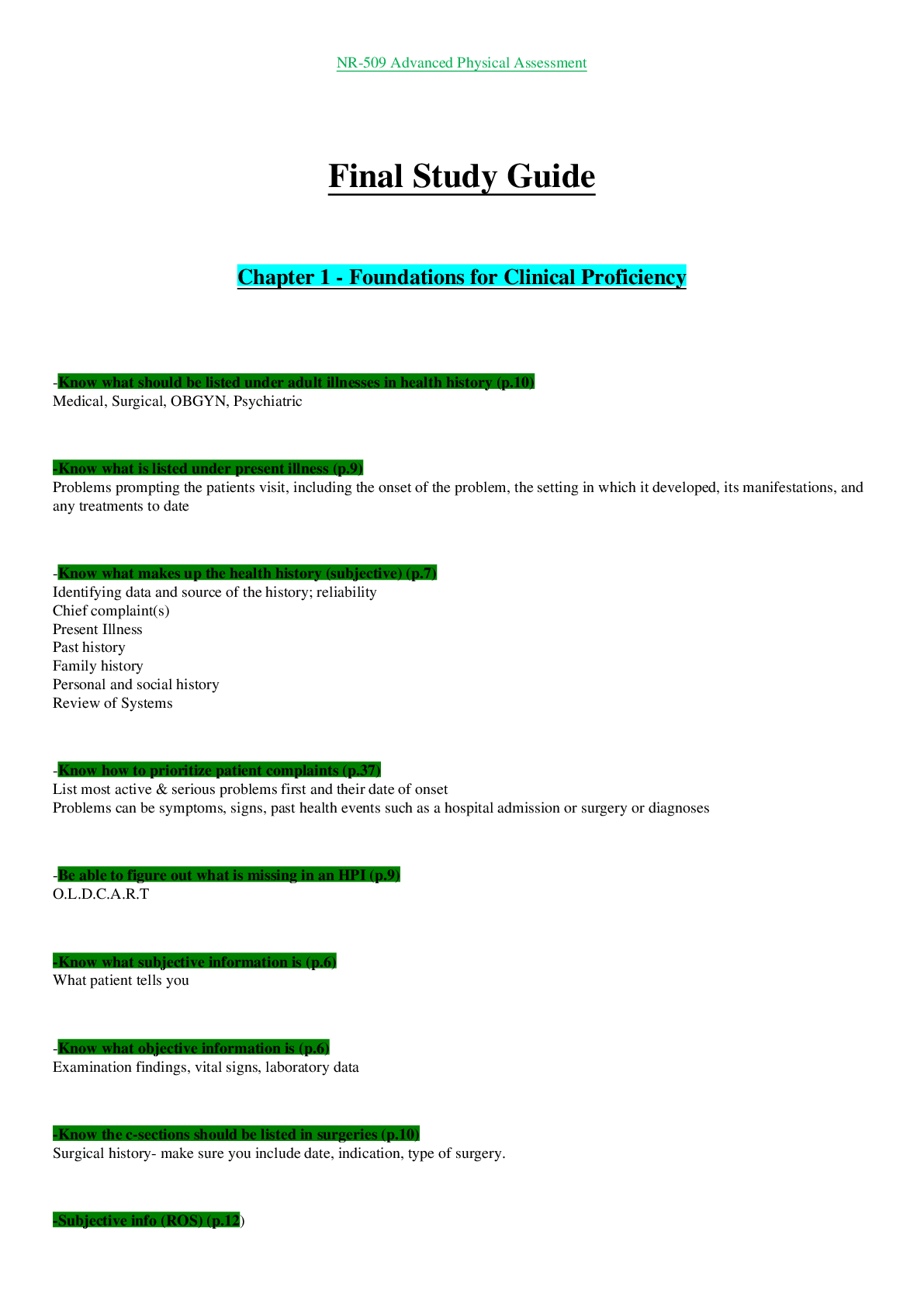 Preview of NR509 / NR 509: Advanced Physical Assessment Final Study Guide (Chapter 1 - 20) Chamberlai